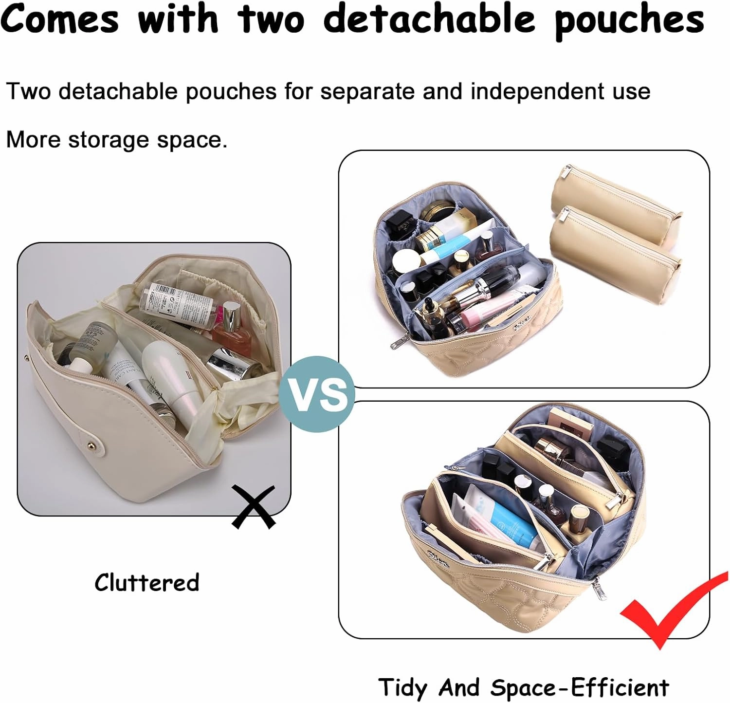 BOYATU Travel Makeup Bags for Women Cosmetic Bag: Puffy Make up Bags Set of 3 - Vegan Leather Makeup Organizer - Waterproof Large Toiletry Bag with Compartments - Travel Essentials (02 Khaki)
