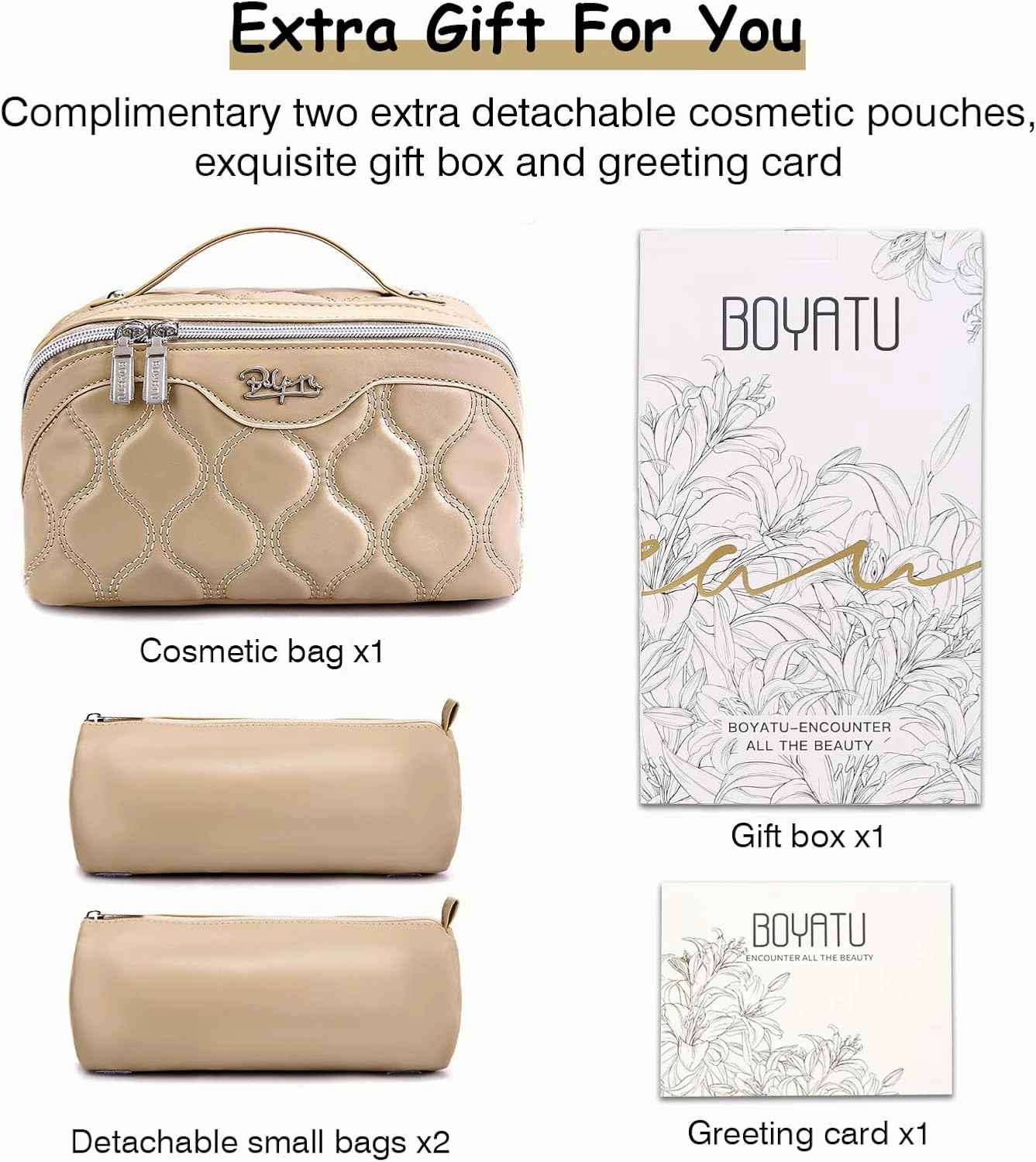 BOYATU Travel Makeup Bags for Women Cosmetic Bag: Puffy Make up Bags Set of 3 - Vegan Leather Makeup Organizer - Waterproof Large Toiletry Bag with Compartments - Travel Essentials (02 Khaki)