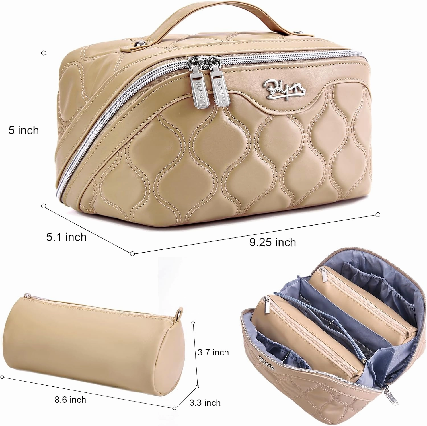 BOYATU Travel Makeup Bags for Women Cosmetic Bag: Puffy Make up Bags Set of 3 - Vegan Leather Makeup Organizer - Waterproof Large Toiletry Bag with Compartments - Travel Essentials (02 Khaki)