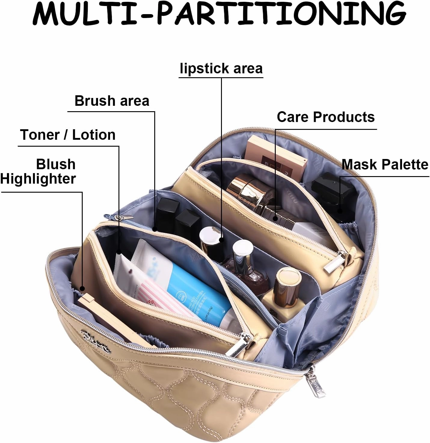 BOYATU Travel Makeup Bags for Women Cosmetic Bag: Puffy Make up Bags Set of 3 - Vegan Leather Makeup Organizer - Waterproof Large Toiletry Bag with Compartments - Travel Essentials (02 Khaki)