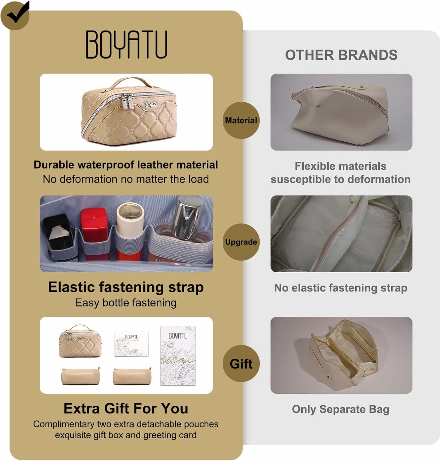 BOYATU Travel Makeup Bags for Women Cosmetic Bag: Puffy Make up Bags Set of 3 - Vegan Leather Makeup Organizer - Waterproof Large Toiletry Bag with Compartments - Travel Essentials (02 Khaki)