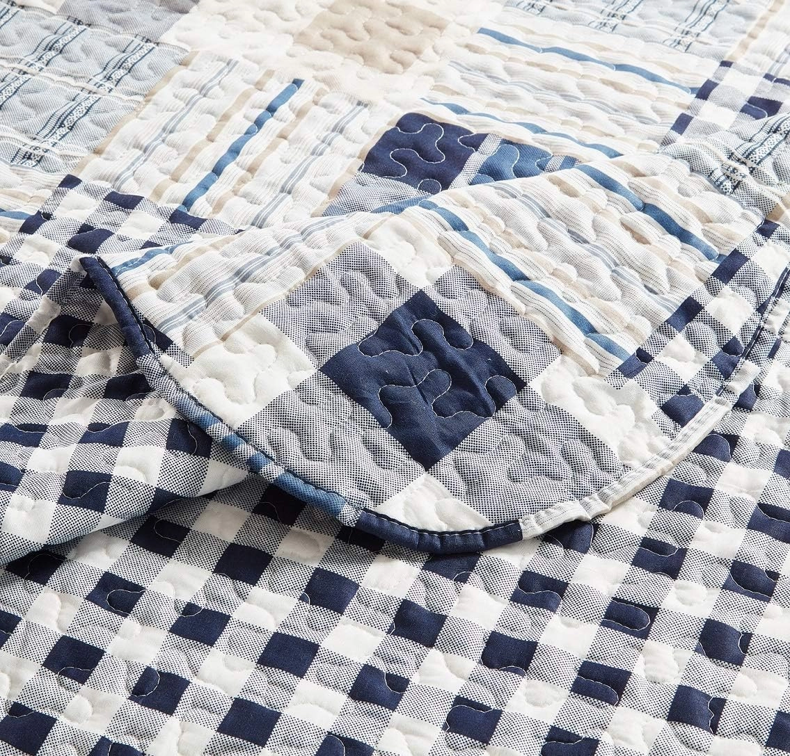 Brilliant Sunshine Plaids and Stripes Quilt Set, 2-Piece Bedding Sets with 1 Sham, Patchwork Design, Washable and Reversible Bedspread, Soft Lightweight Coverlet, All-Season, Twin/Twin XL, Blue