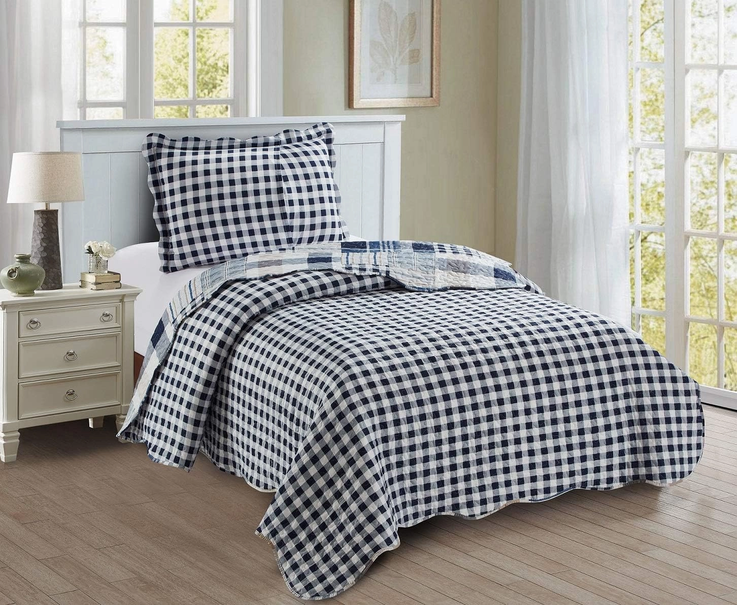 Brilliant Sunshine Plaids and Stripes Quilt Set, 2-Piece Bedding Sets with 1 Sham, Patchwork Design, Washable and Reversible Bedspread, Soft Lightweight Coverlet, All-Season, Twin/Twin XL, Blue