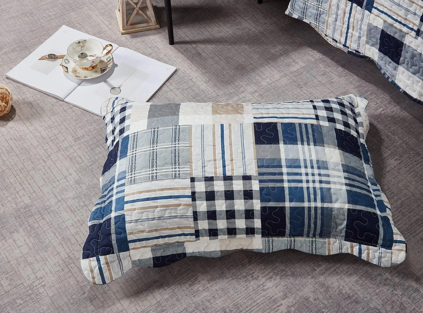 Brilliant Sunshine Plaids and Stripes Quilt Set, 2-Piece Bedding Sets with 1 Sham, Patchwork Design, Washable and Reversible Bedspread, Soft Lightweight Coverlet, All-Season, Twin/Twin XL, Blue