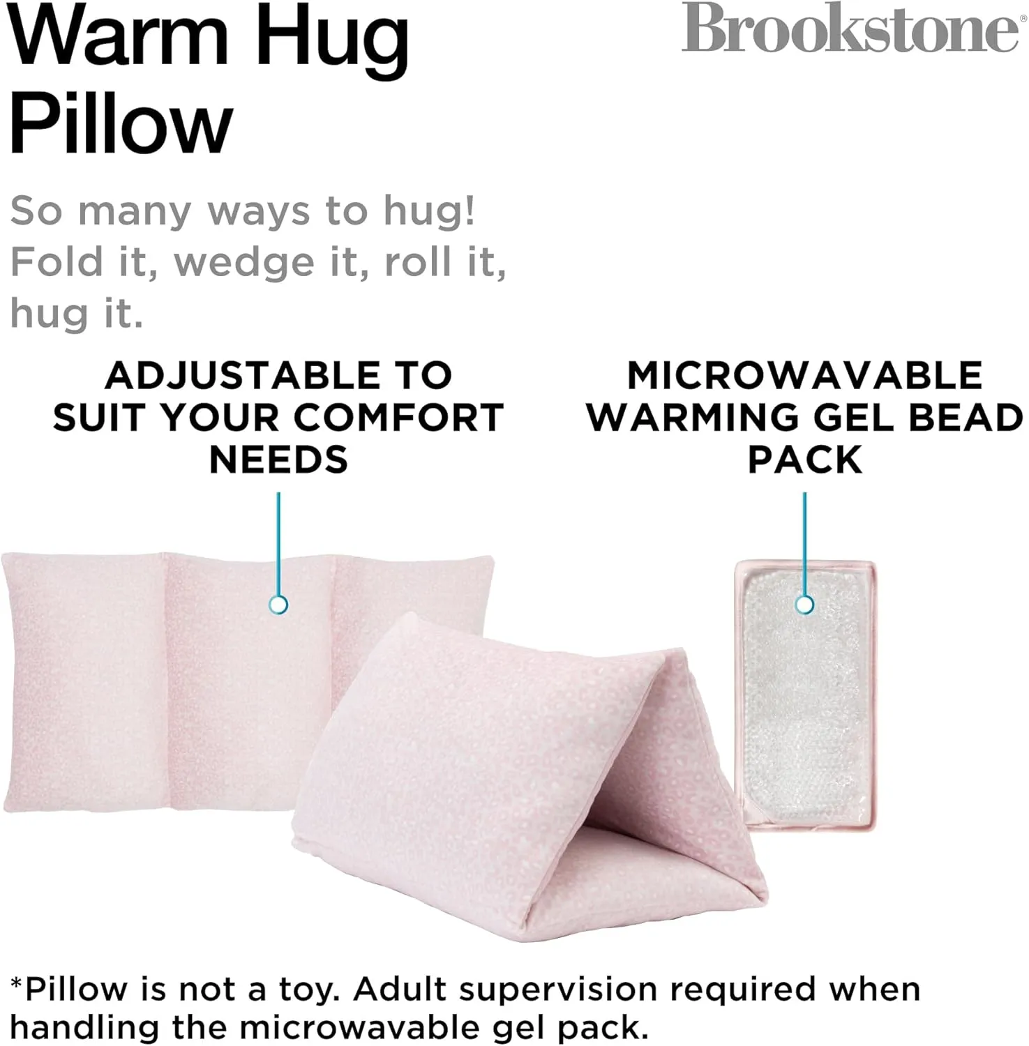 Brookstone HUG'ZZZ Soft Pillow - Microwaveable Gel Pack for Warming Sensation, Comfort & Support - Fold, Roll, or Wedge Pillow for Sitting, Napping, or Hugging Ideas