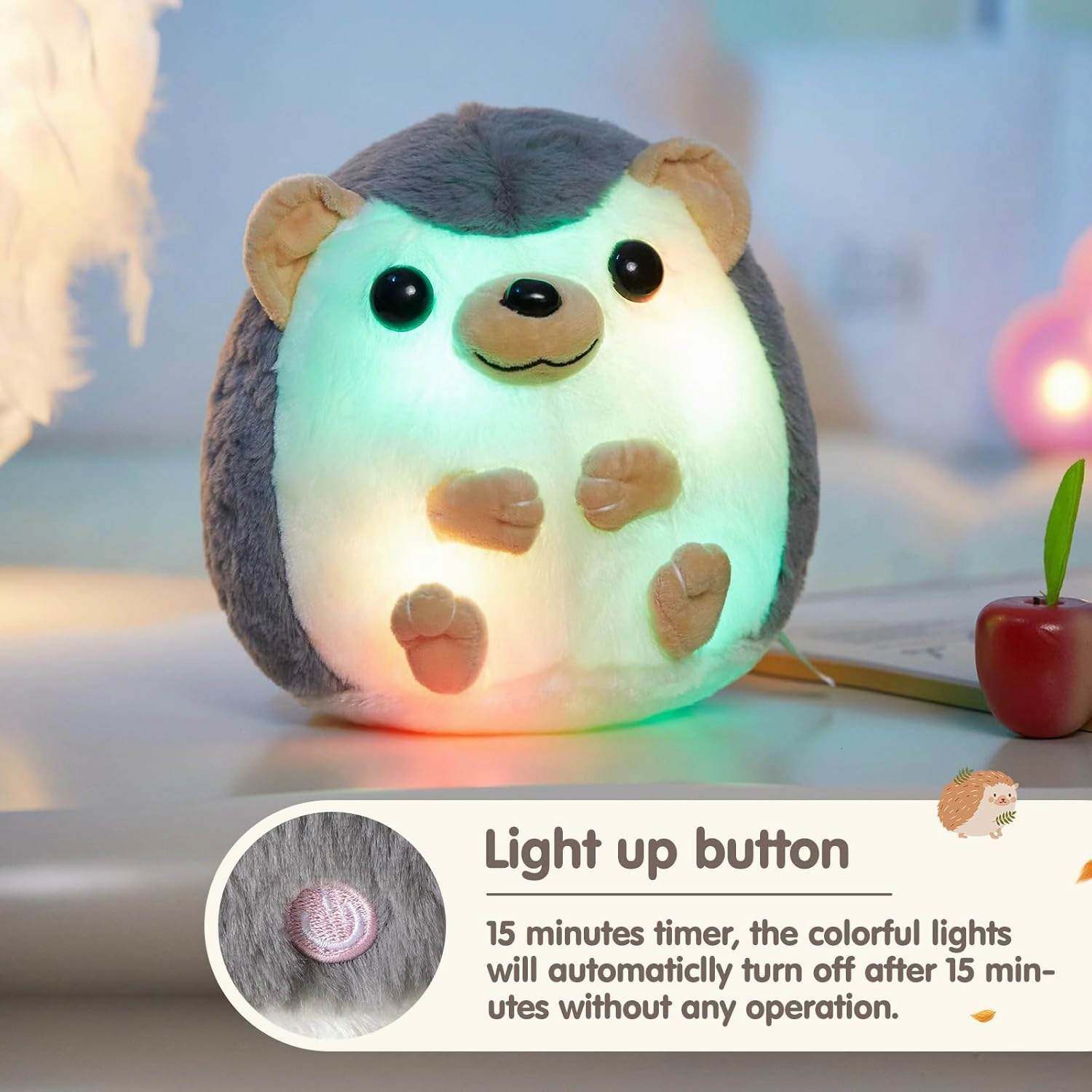 BSTAOFY 10'' Light up Hedgehog Stuffed Animal Glow Soft Plush Toy LED Nightlight Bedtime Gift for Toddlers Kids on Birthday Christmas