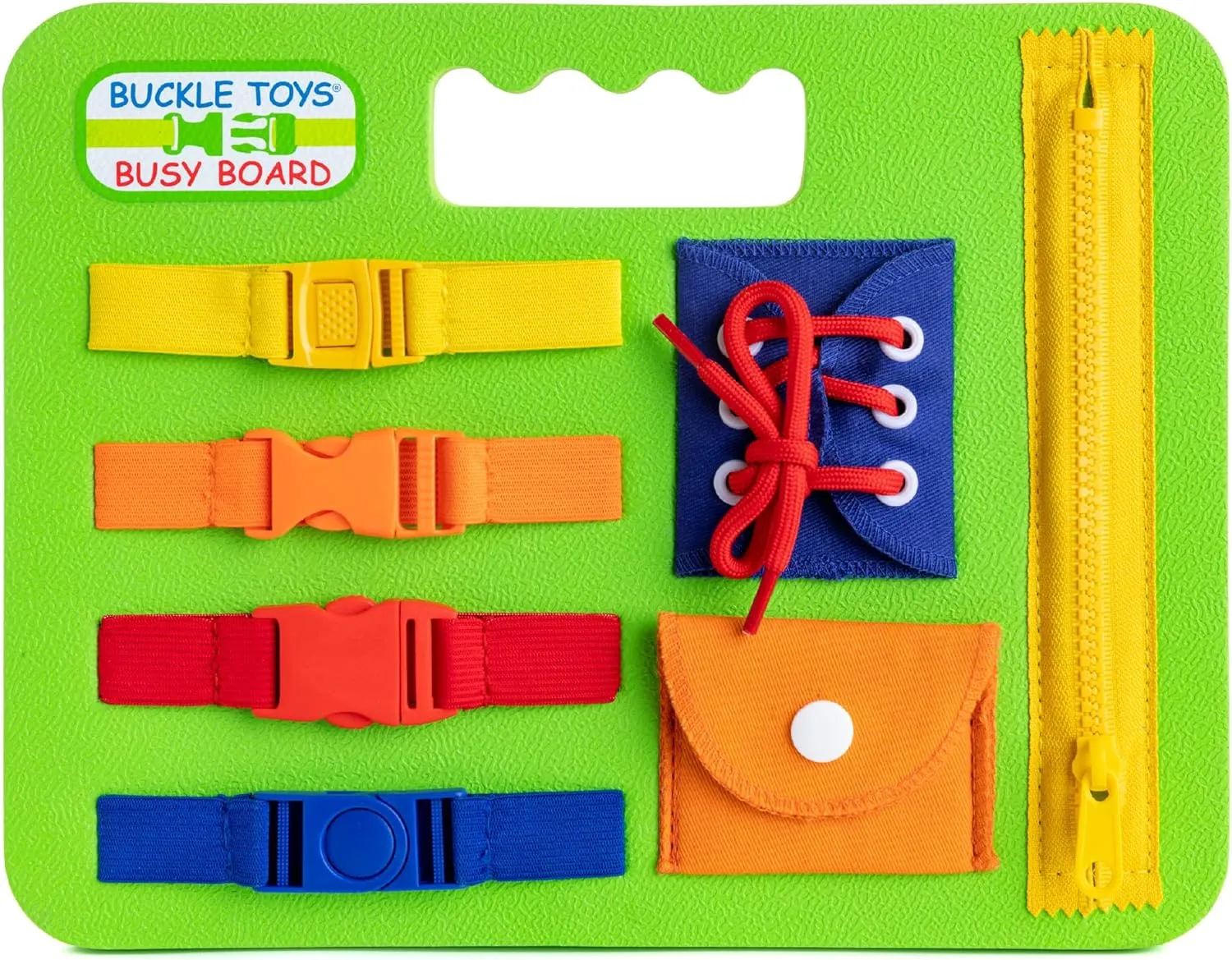 Buckle Toys Green Busy Board for 1 Year Old Toddlers Travel Essentials for Kids, Montessori Toys for 1 Year Old Baby to Develop Fine Motor Skills, Great for Road Trip Activities for Kids Sensory Toy