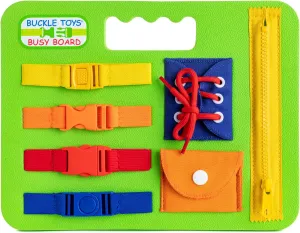 Buckle Toys Green Busy Board for 1 Year Old Toddlers Travel Essentials for Kids, Montessori Toys for 1 Year Old Baby to Develop Fine Motor Skills, Great for Road Trip Activities for Kids Sensory Toy