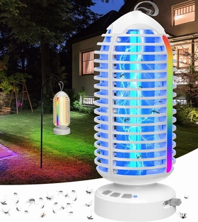 Bug Zapper Outdoor with Colorful Lighting and Auto-Sensing, 3 in 1 Cordless 4000mAh Battery Electric Fly Trap, Rechargeable Mosquito Zapper for Camping, Patios, Garden, Kitchen (2Pack-White)