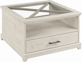 Bush Furniture Lennox Farmhouse Glass Coffee Table with Storage in Linen White Oak | Living Room Organization