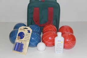 BuyBocceBalls Listing - Premium Quality andMade in USA, 110mm EPCO Bocce Set - Rustic Blue/Orange Balls, Ball Polish, Kestrel Measuring Device and Green/Maroon Bag