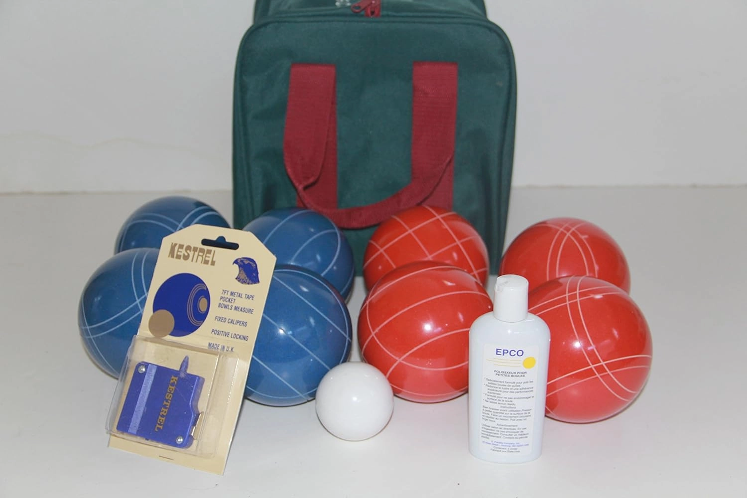 BuyBocceBalls Listing - Premium Quality andMade in USA, 110mm EPCO Bocce Set - Rustic Blue/Orange Balls, Ball Polish, Kestrel Measuring Device and Green/Maroon Bag