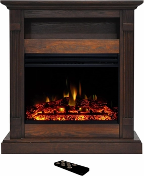 Cambridge Sienna 34 Inch Freestanding Fireplace Mantel with Storage Shelf and 1500W Electric Heater Insert with Deep Log Display, Colorful Flames, Remote Control, Walnut