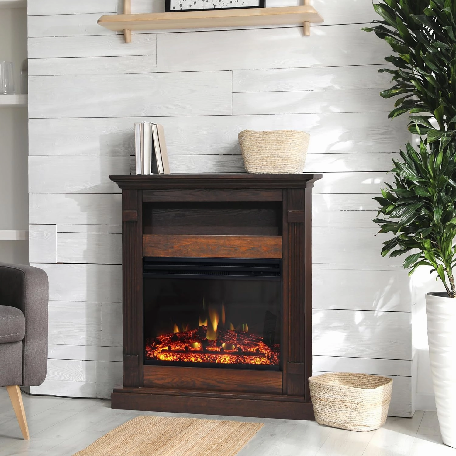 Cambridge Sienna 34 Inch Freestanding Fireplace Mantel with Storage Shelf and 1500W Electric Heater Insert with Deep Log Display, Colorful Flames, Remote Control, Walnut