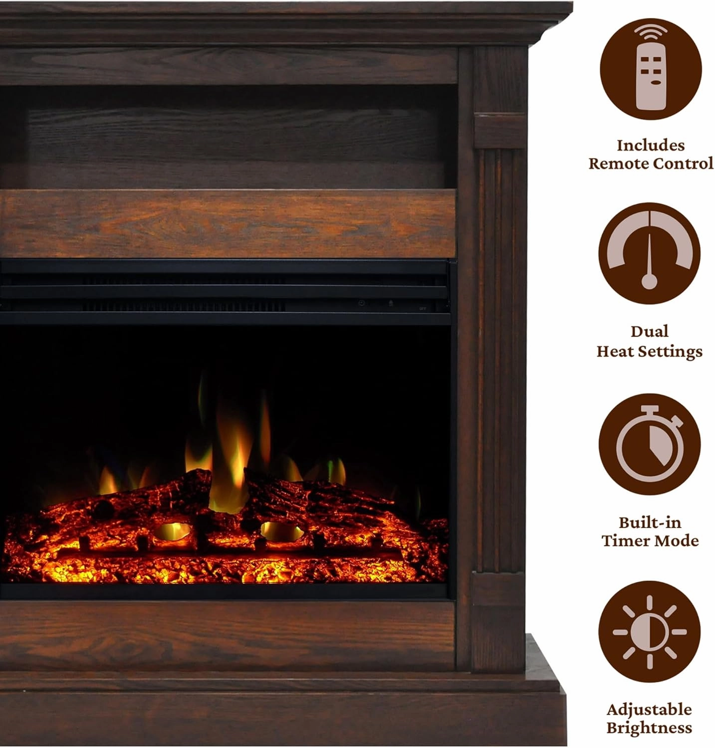 Cambridge Sienna 34 Inch Freestanding Fireplace Mantel with Storage Shelf and 1500W Electric Heater Insert with Deep Log Display, Colorful Flames, Remote Control, Walnut