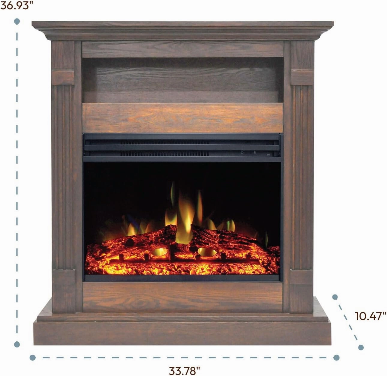 Cambridge Sienna 34 Inch Freestanding Fireplace Mantel with Storage Shelf and 1500W Electric Heater Insert with Deep Log Display, Colorful Flames, Remote Control, Walnut