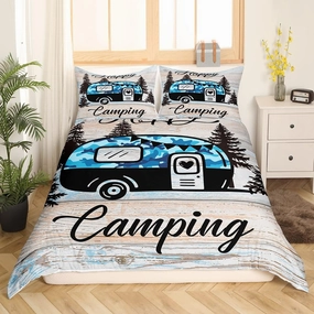 Camper Queen Bedding Sets Happy Camping Comforter Cover for Kids Boys Girls Camping Theme Bedroom Decoration Rustic Farmhouse Style Duvet Cover Vintage Wooden Print Bedding with 2 Pillowcases