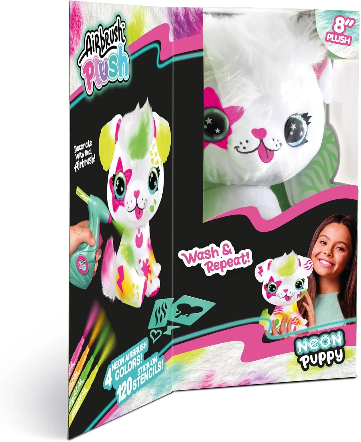 Canal Toys Personalize Airbrush Plush Large Neon Puppy! Decorate, wash, Repeat! Customize Your own Spray Art Plush with Markers, Battery Powered Airbrush and 100  Stencils. Ages 6 