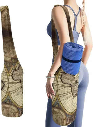 Canvas Yoga Mat Bag Ancient Map World Globe Printed Yoga Mat Storage Bag with Strap Large Capacity Gym Bag for Men Women Pilates Beach Travel