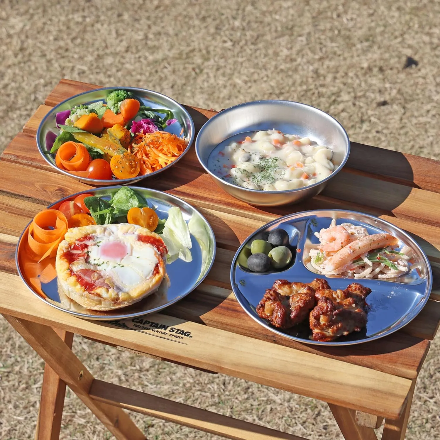 Captain Stag UZ-13313 Stainless Steel Tableware, Plate, Dish, Camping Tableware Set, Divider Plate, 7.3 inches (19 cm), Plate 6.3 inches (16 cm), Ball 6.1 inches (15.5 cm), Made in Japan