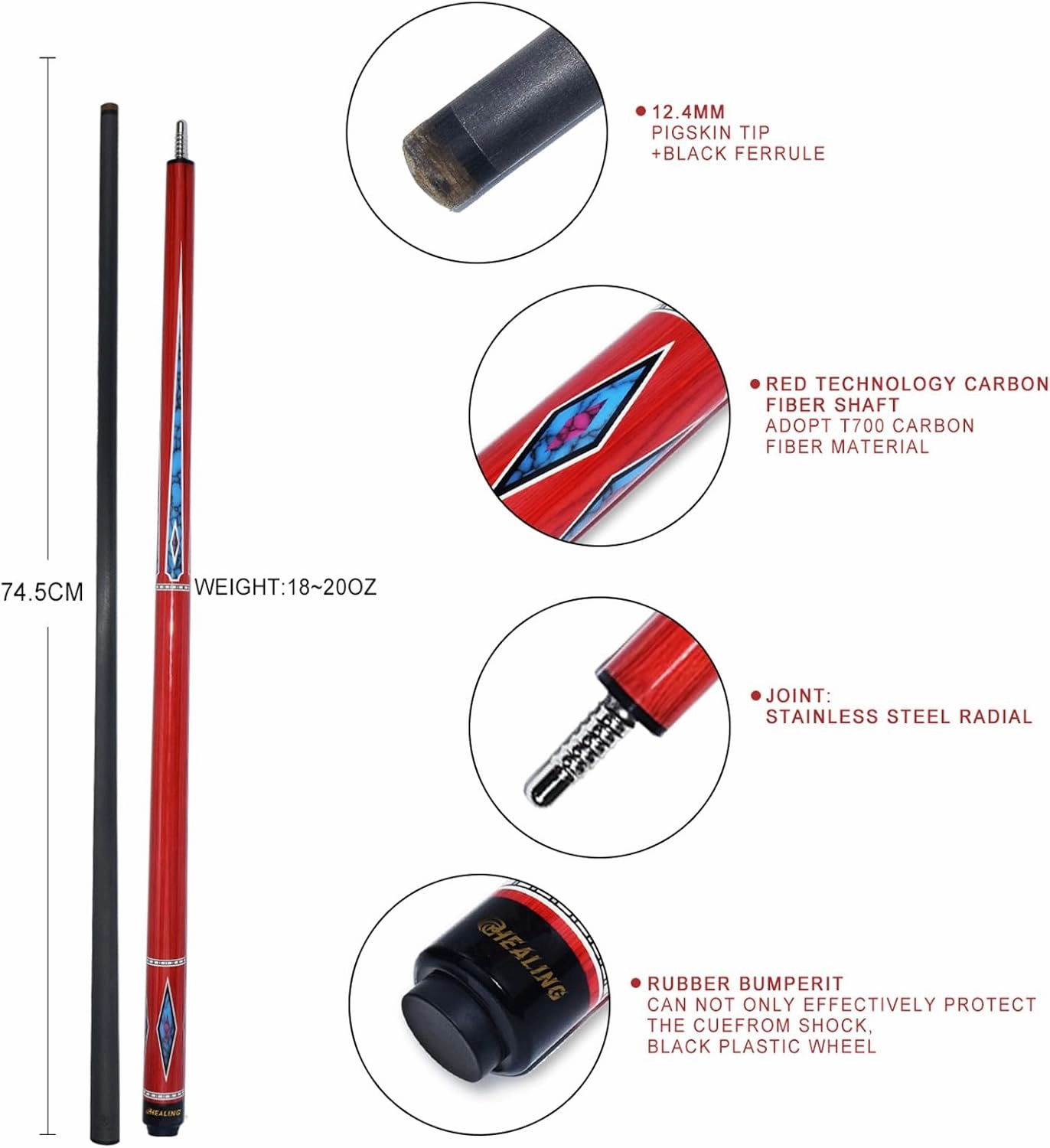 Carbon Fiber Pool Cue – 12.9mm, 14mm and 12.4mm, 2-Piece Billiard Cue Stick for Women/Men, Professional Break Cue for Snooker, 8-Ball, 9-Ball, Home & Club Use