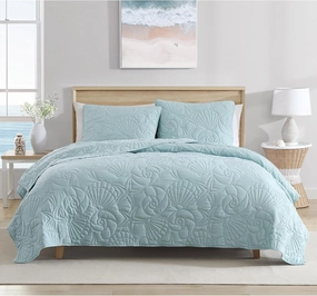 CARIBBEAN JOE King Outlined Shell 3-Piece Quilt Set, Coastal Beach Design Bedding, Aqua