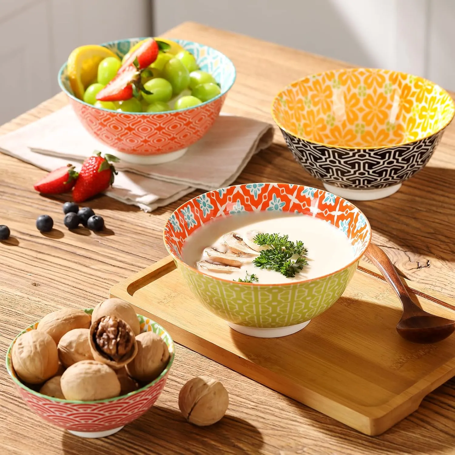 Ceramic Cereal Bowls, 23 Oz Colorful Soup Bowls, Deep Porcelain Bowl Set for Salad, Dessert, Pasta, Ice Cream,Set of 6