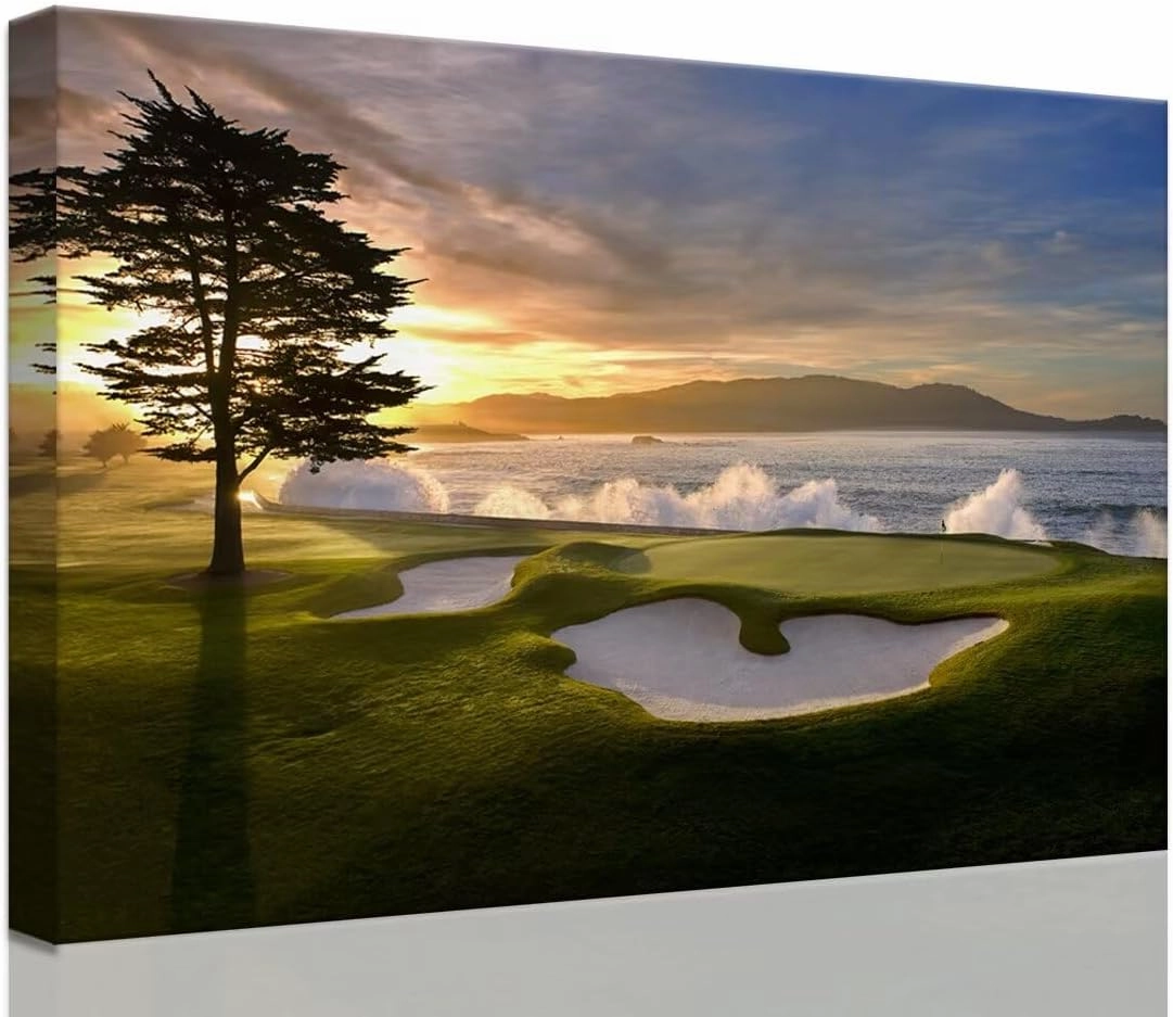 chenchenArt Pebble Beach Golf Course Wall Art Pictures Golf Course Poster Canvas Prints Golf Artwork Wall Decor for Living Room Bedroom Bathroom Home Decorations Framed Ready to Hang(12''H x 18''W)