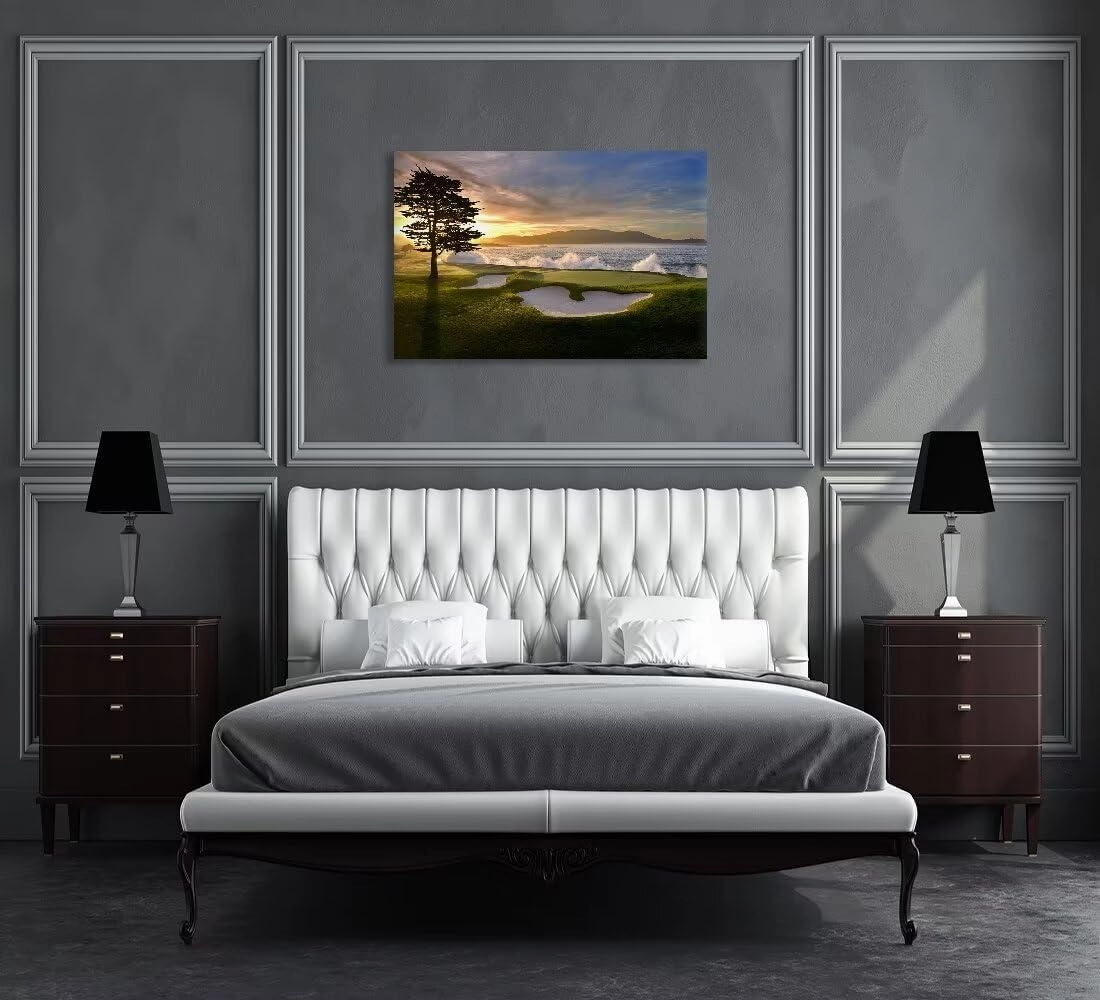 chenchenArt Pebble Beach Golf Course Wall Art Pictures Golf Course Poster Canvas Prints Golf Artwork Wall Decor for Living Room Bedroom Bathroom Home Decorations Framed Ready to Hang(12''H x 18''W)