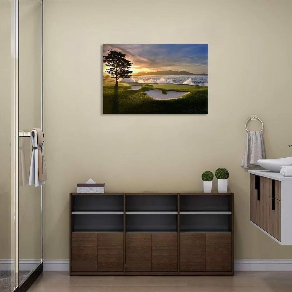 chenchenArt Pebble Beach Golf Course Wall Art Pictures Golf Course Poster Canvas Prints Golf Artwork Wall Decor for Living Room Bedroom Bathroom Home Decorations Framed Ready to Hang(12''H x 18''W)