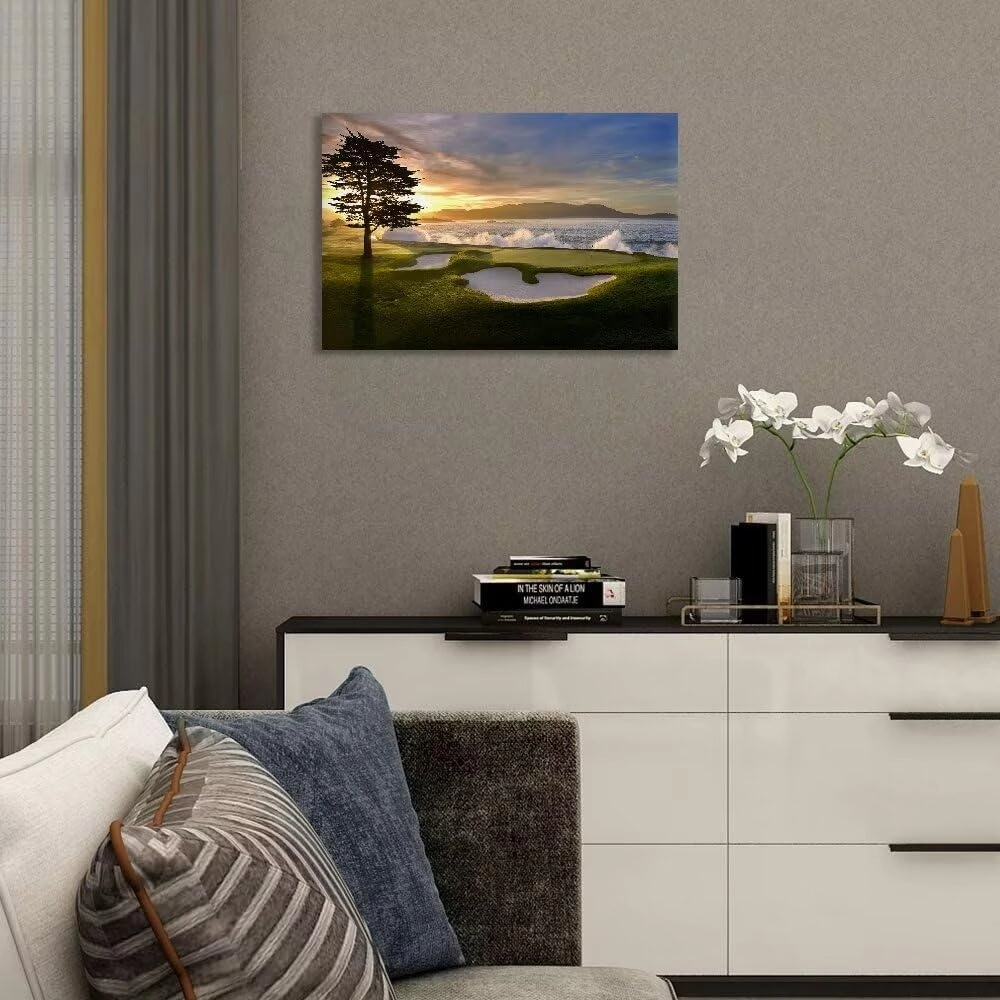 chenchenArt Pebble Beach Golf Course Wall Art Pictures Golf Course Poster Canvas Prints Golf Artwork Wall Decor for Living Room Bedroom Bathroom Home Decorations Framed Ready to Hang(12''H x 18''W)