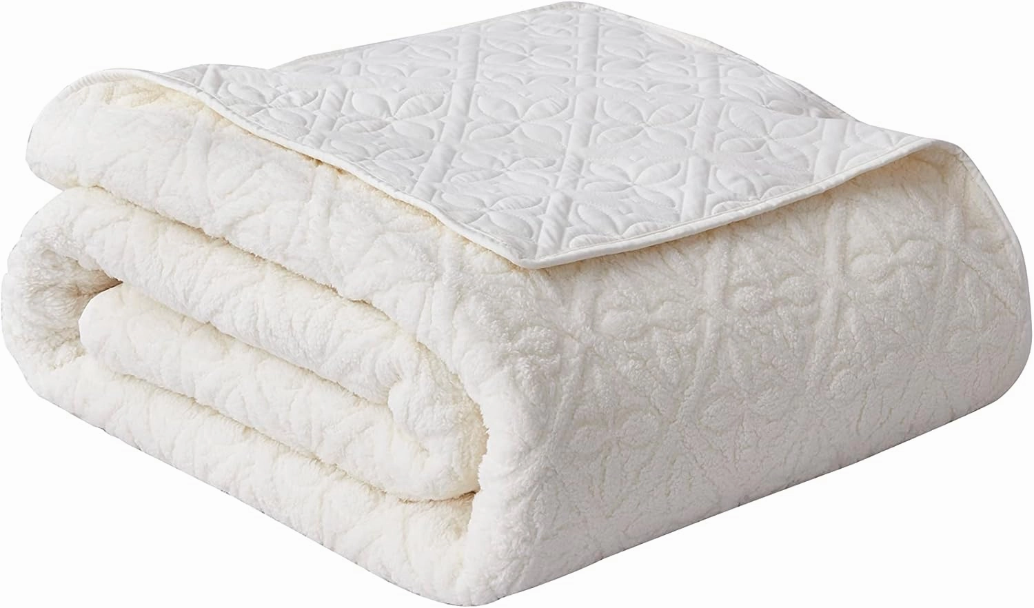 Chezmoi Collection Bethany 3-Piece Queen Sherpa Quilt Set - Floral Quilted Sherpa Blanket Reversible Washed Microfiber Lightweight Bedspread - Queen Size, White