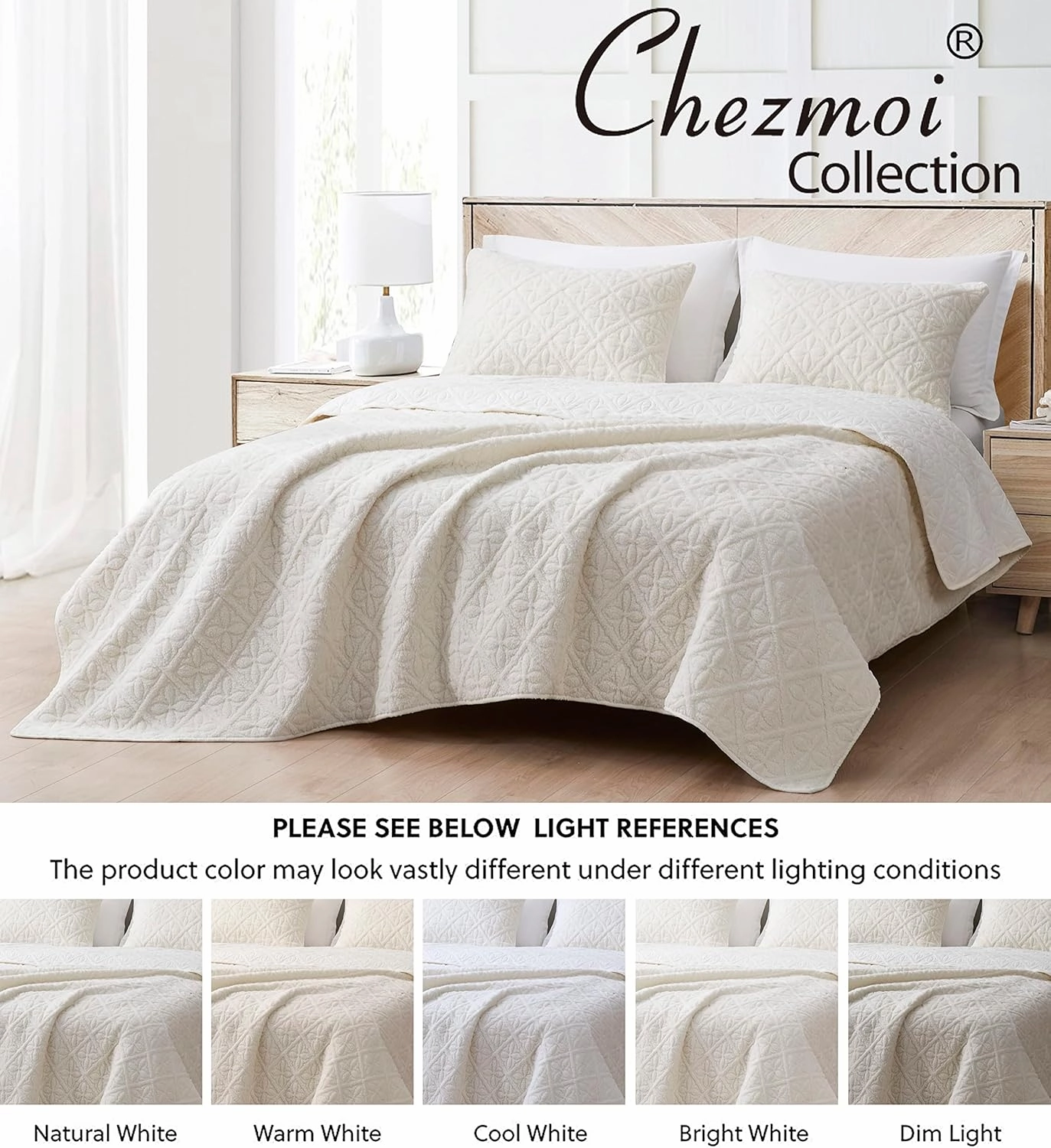 Chezmoi Collection Bethany 3-Piece Queen Sherpa Quilt Set - Floral Quilted Sherpa Blanket Reversible Washed Microfiber Lightweight Bedspread - Queen Size, White