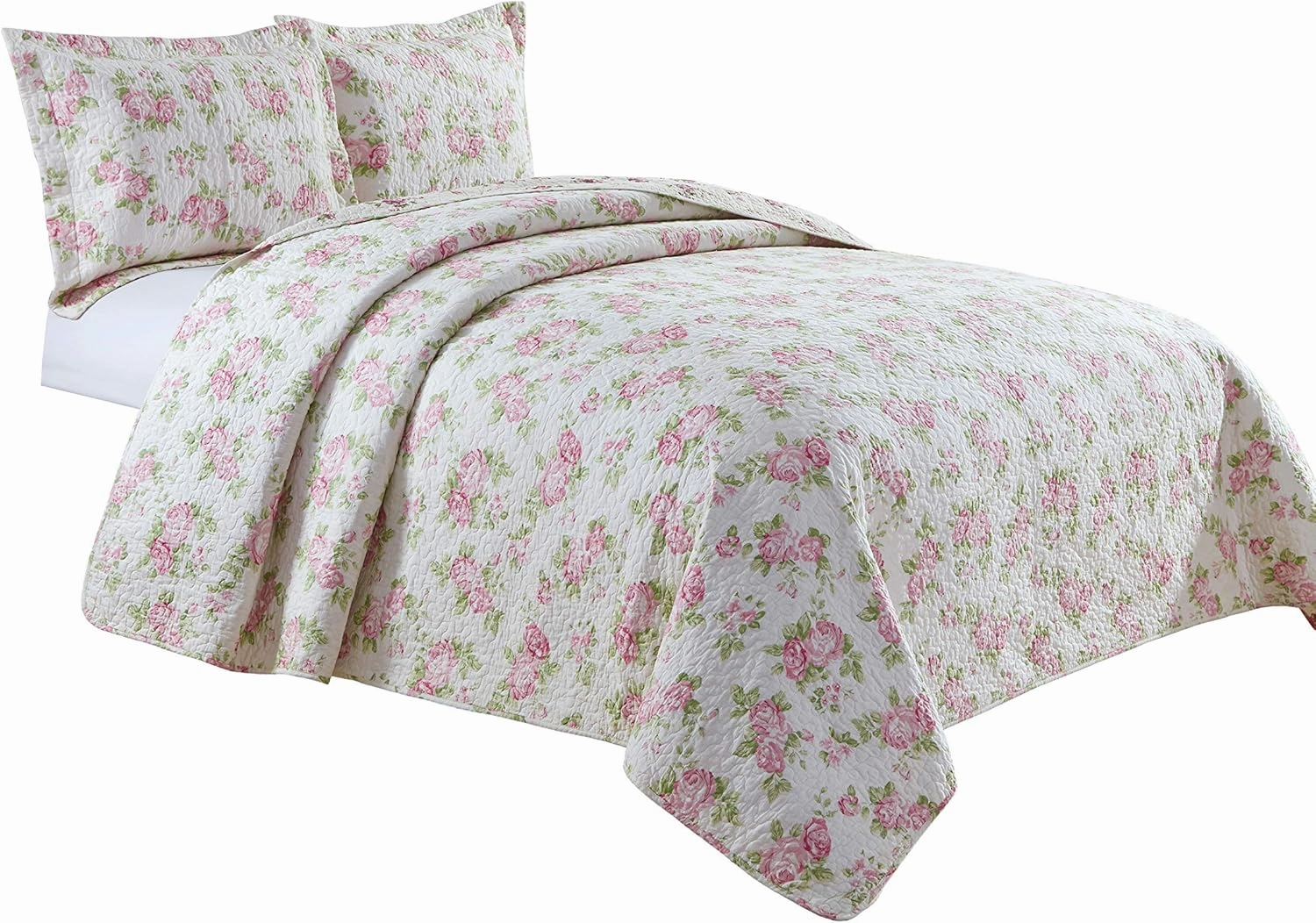 Chezmoi Collection Dakota 3-Piece Printed Pink Rose Cotton Quilt Set - Pink Floral Flower Reversible Stone Washed Lightweight Bedspread, Queen Size