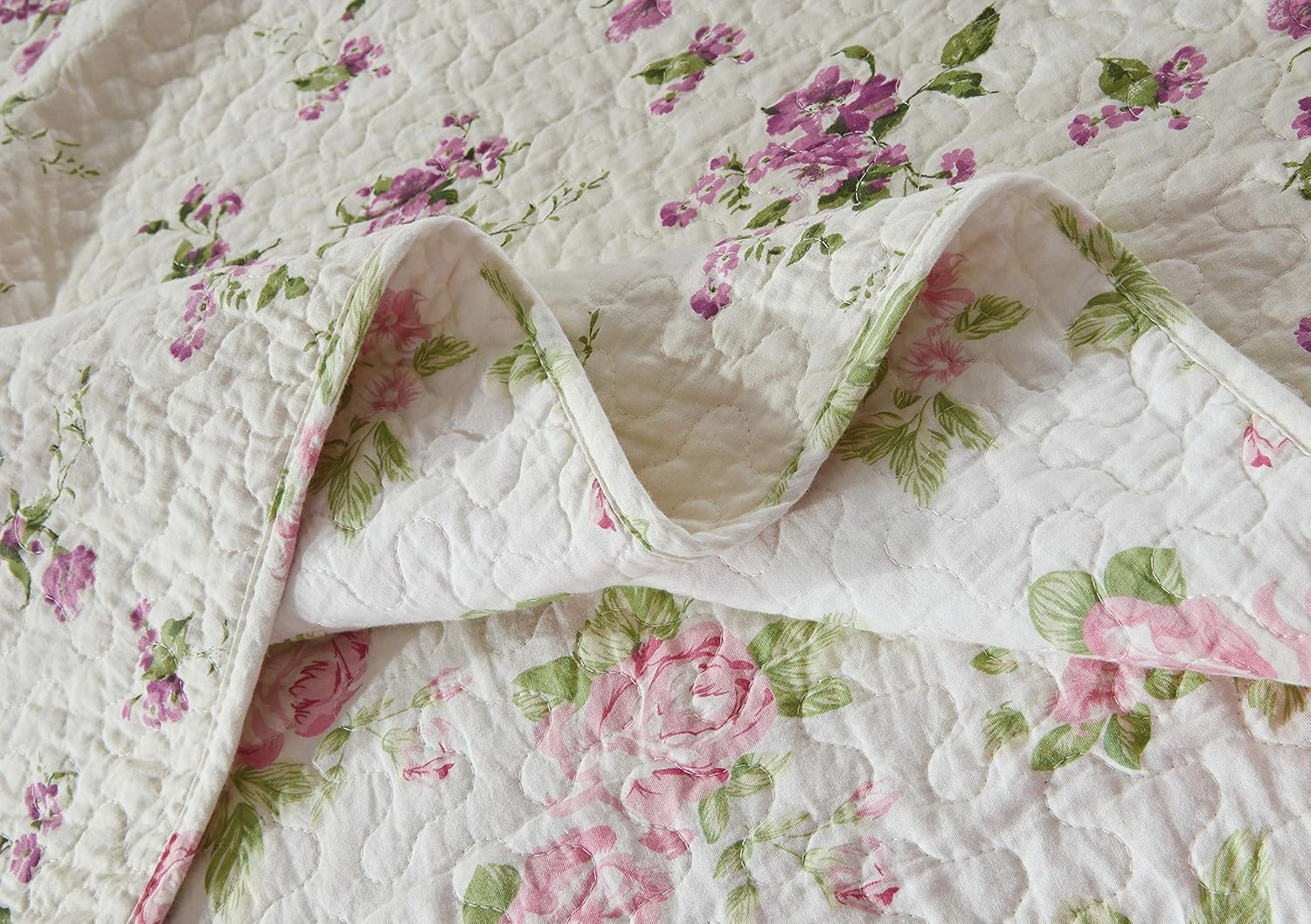 Chezmoi Collection Dakota 3-Piece Printed Pink Rose Cotton Quilt Set - Pink Floral Flower Reversible Stone Washed Lightweight Bedspread, Queen Size