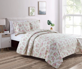 Chezmoi Collection Dakota 3-Piece Printed Pink Rose Cotton Quilt Set - Pink Floral Flower Reversible Stone Washed Lightweight Bedspread, Queen Size