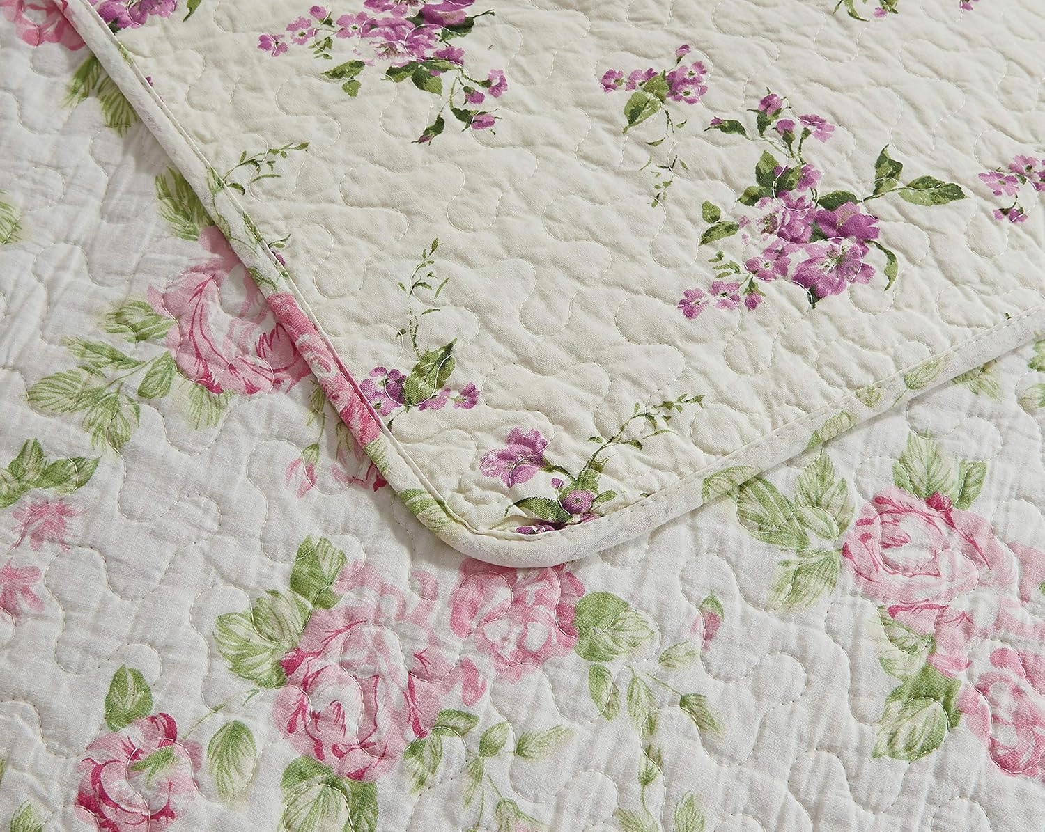Chezmoi Collection Dakota 3-Piece Printed Pink Rose Cotton Quilt Set - Pink Floral Flower Reversible Stone Washed Lightweight Bedspread, Queen Size