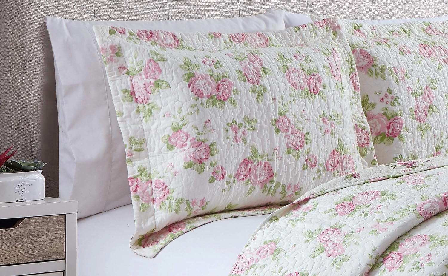 Chezmoi Collection Dakota 3-Piece Printed Pink Rose Cotton Quilt Set - Pink Floral Flower Reversible Stone Washed Lightweight Bedspread, Queen Size