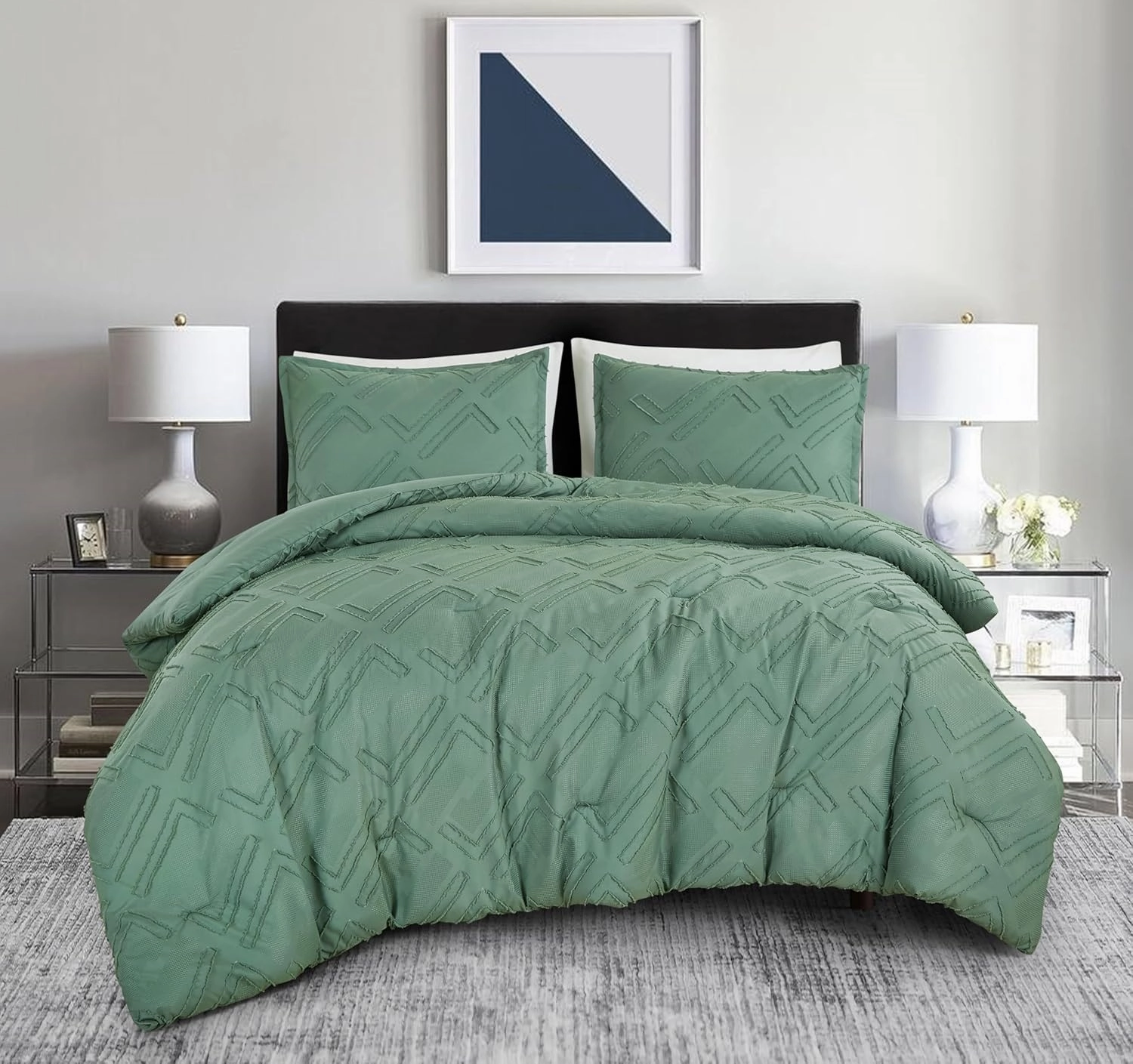 Chezmoi Collection Debroah Green Clip Jacquard Geometric Comforter Set, King - 3-Piece Striped Pattern Waffle Textured Lightweight Bedding