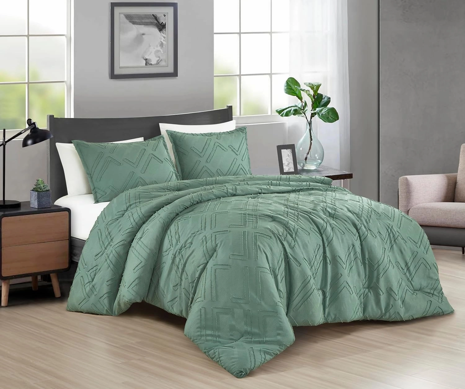 Chezmoi Collection Debroah Green Clip Jacquard Geometric Comforter Set, King - 3-Piece Striped Pattern Waffle Textured Lightweight Bedding