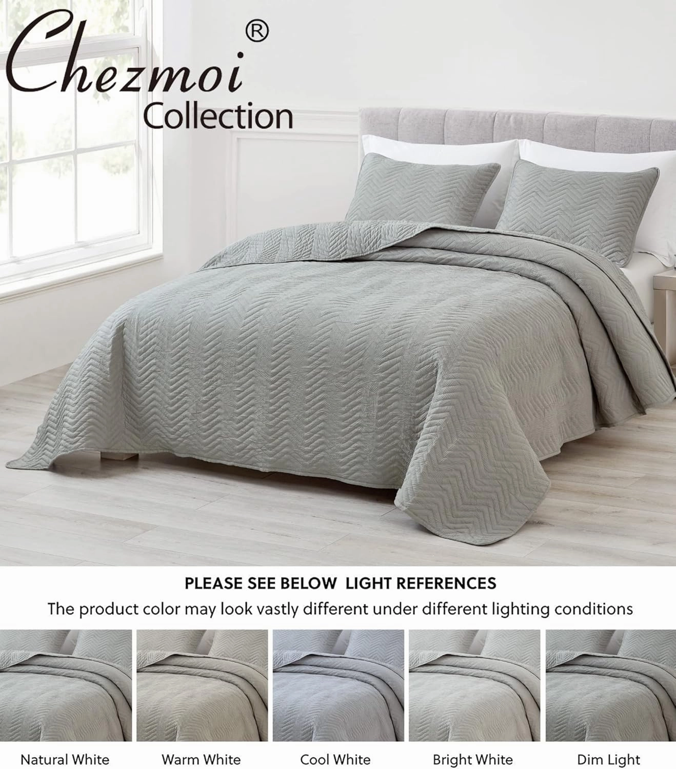 Chezmoi Collection Weaver 3-Piece Queen Size Quilt Set, Gray Crushed Soft Microfiber Lightweight Bedspread Zig Zag Chevron Quilted Reversible Coverlet All Season Crinkle Textured Bedding Set