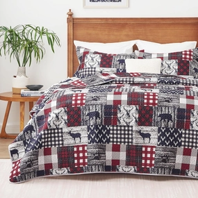 Christmas Cabin Quilt Sets Queen, 3-Piece Lightweight Reversible All Season Deer Quilt Set, Lodge Bedspread Queen Size Quilt with 2 Shams, Rustic Quilt Coverlet Bed Set