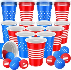 Chuangdi 30 Pieces 4th of July Party Game Set, 22 Pcs Patriotic Red White Blue Plastic Cup 16 oz and 8 Pcs 1.5 Inch American Flag Ball Set for Adults Independence Day Party Decorations