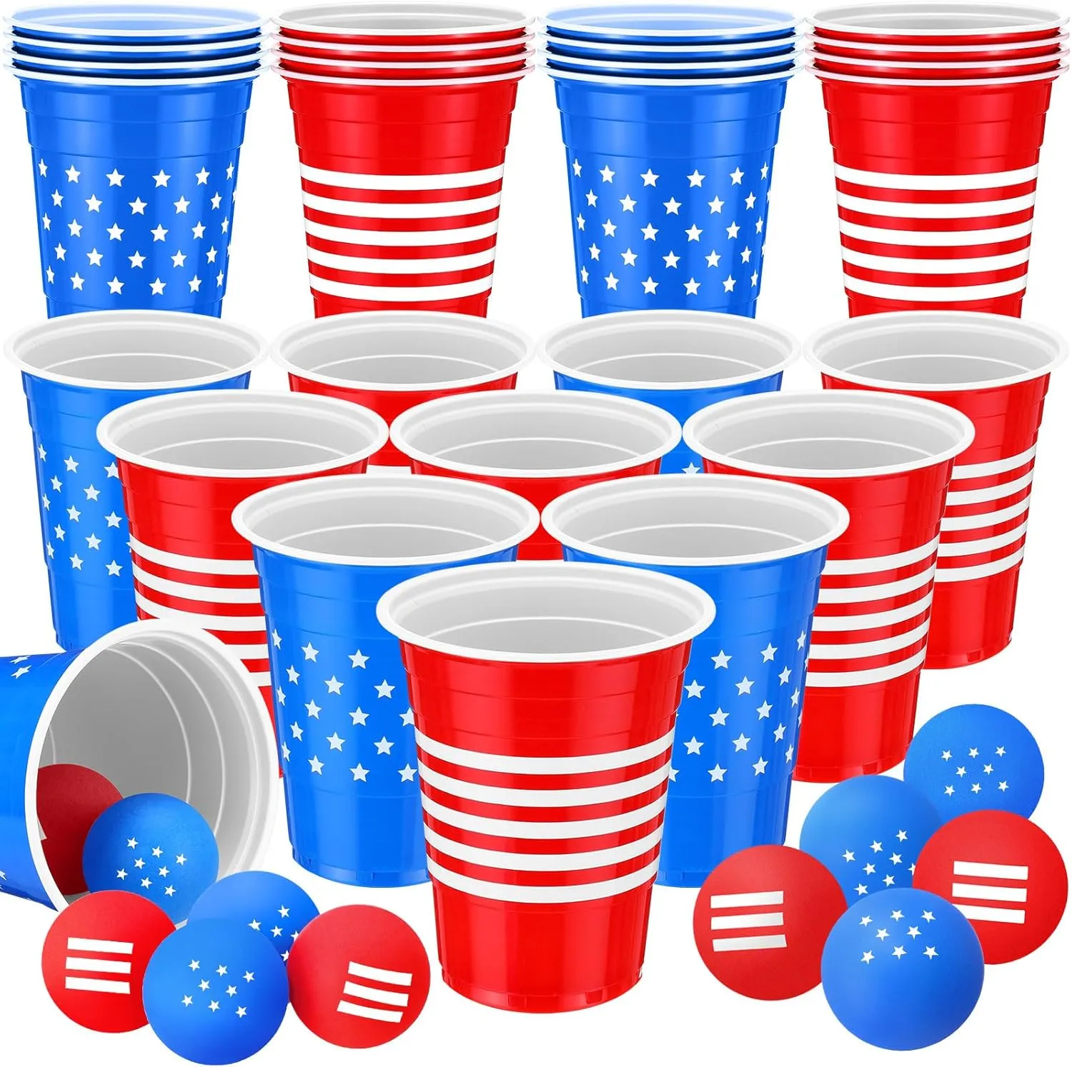 Chuangdi 30 Pieces 4th of July Party Game Set, 22 Pcs Patriotic Red White Blue Plastic Cup 16 oz and 8 Pcs 1.5 Inch American Flag Ball Set for Adults Independence Day Party Decorations