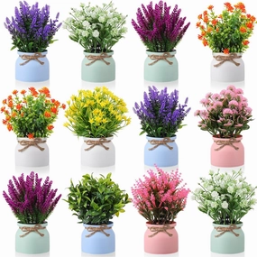 Cindeer 12 Pcs Artificial Potted Flowers Fake Potted Plants Plastic Faux Flowers for Home Decor Indoor Small Artificial Plants in Pots for Wedding Home Desk Tabletop Outdoor Office Kitchen