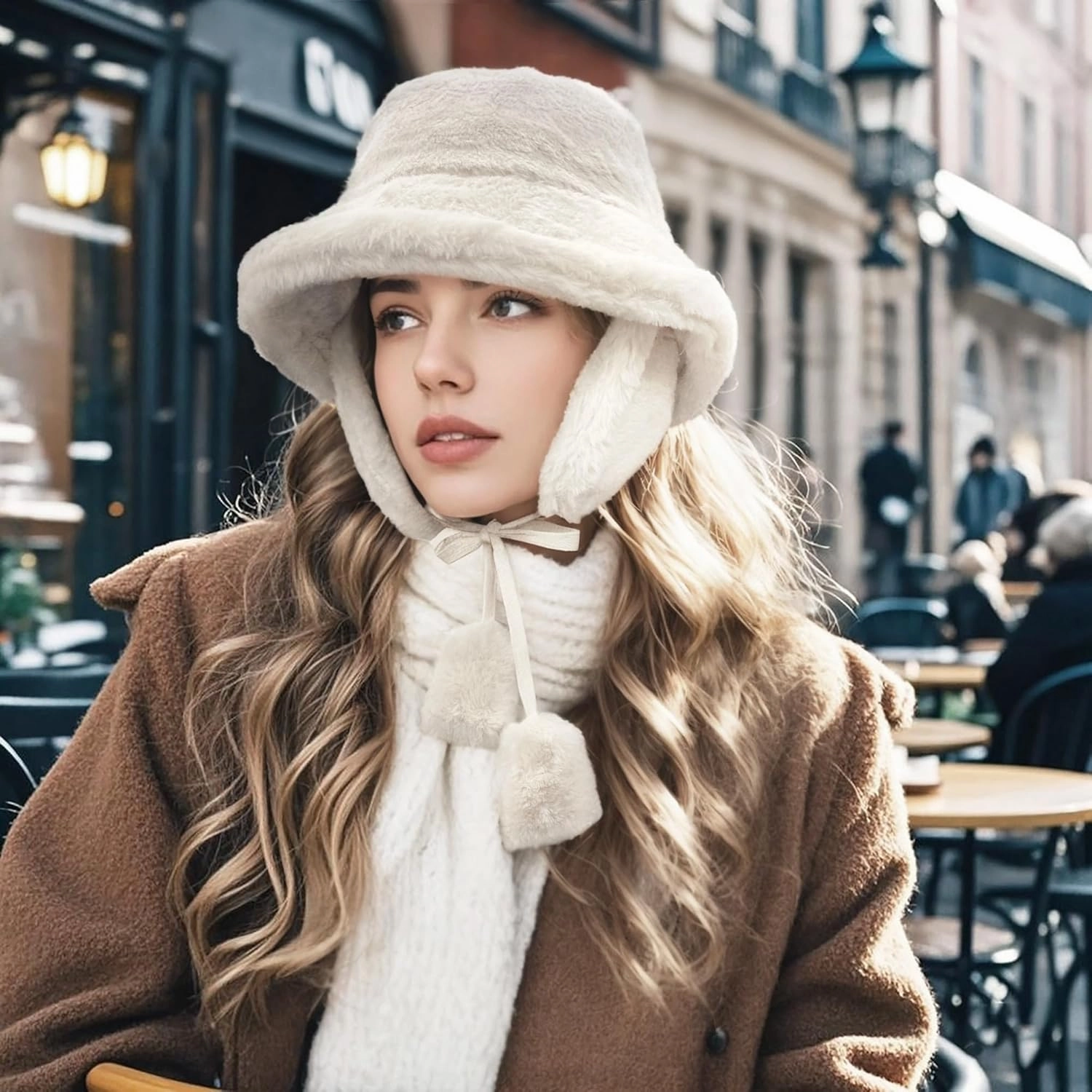 Clakllie Winter Bucket Hat with Earflaps Fuzzy Fishing Hat Warm Beach Sun Hat Wide Brim Fisherman Cap for Women Travel Hat