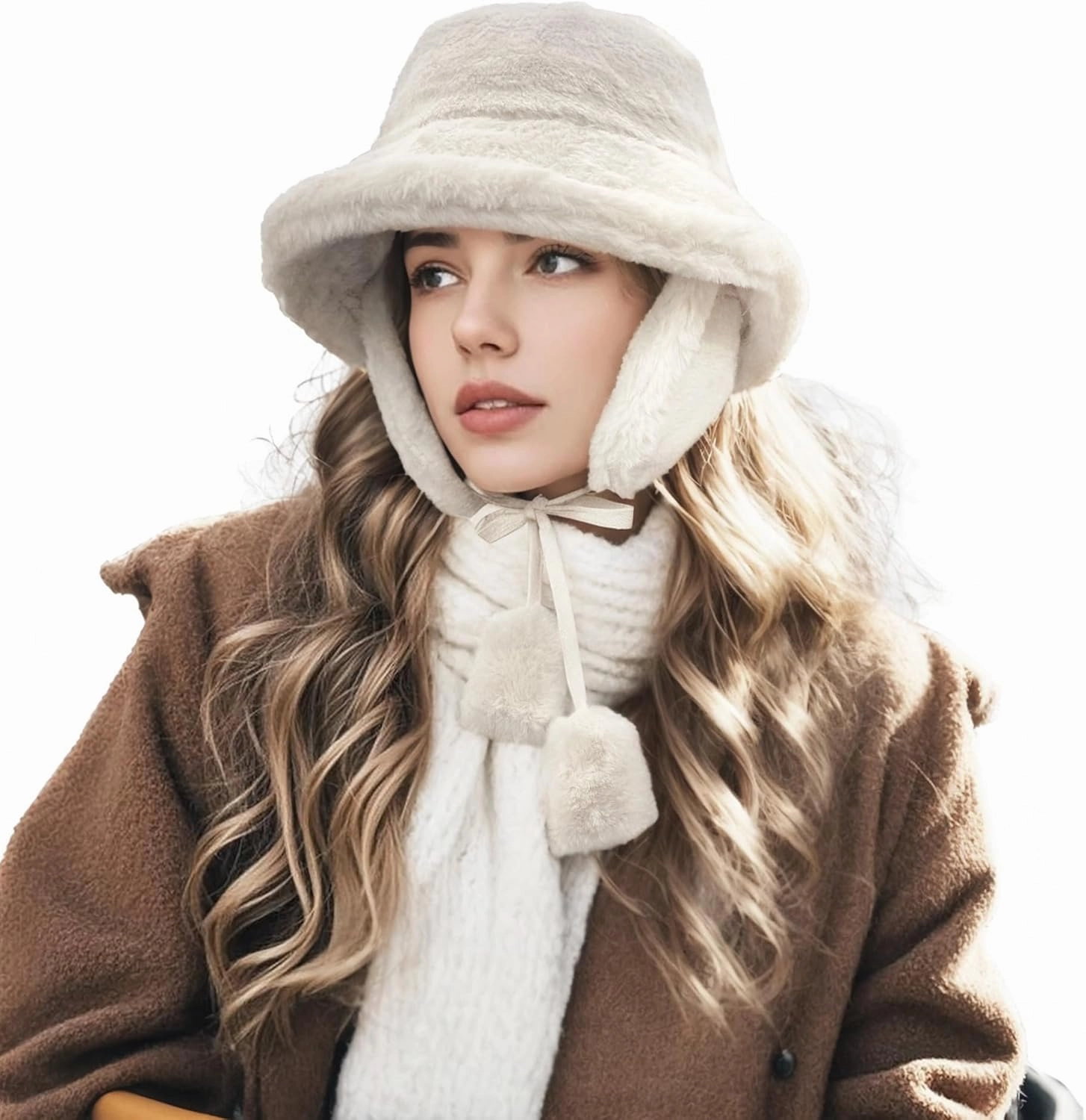 Clakllie Winter Bucket Hat with Earflaps Fuzzy Fishing Hat Warm Beach Sun Hat Wide Brim Fisherman Cap for Women Travel Hat
