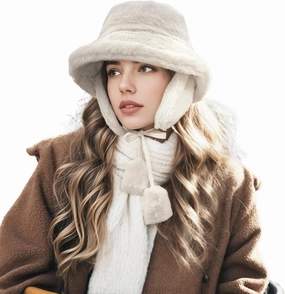 Clakllie Winter Bucket Hat with Earflaps Fuzzy Fishing Hat Warm Beach Sun Hat Wide Brim Fisherman Cap for Women Travel Hat