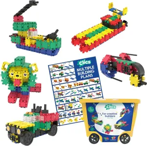 Clics Basic Set of 560 Pieces, Construction Toys for 3 Year Old, 20 in 1 rollerbox of Blocks to Learn Shapes and Colors, Educational STEM Toys. No BPA, PVC. Dishwasher Safe, Recycled Plastic.
