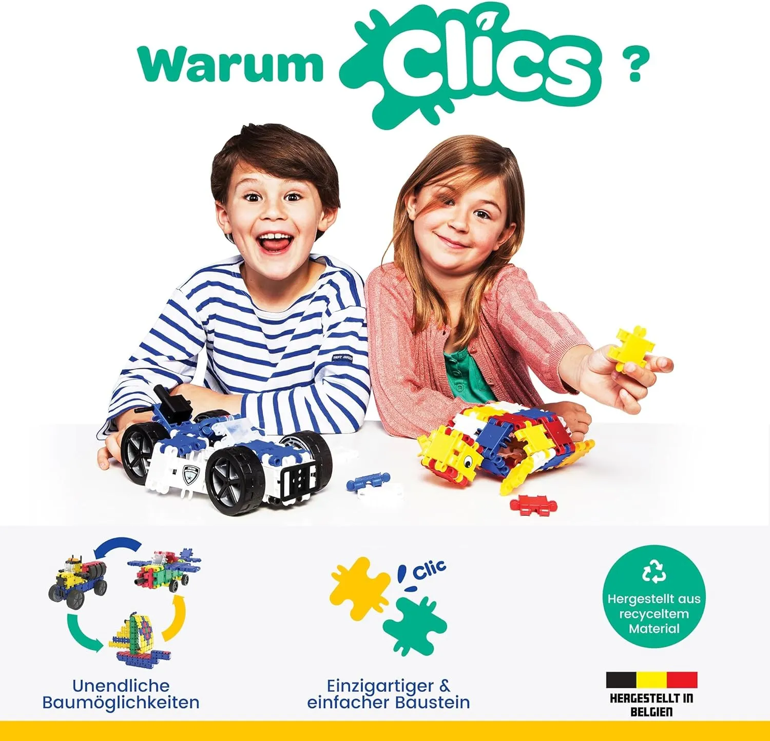 Clics Basic Set of 560 Pieces, Construction Toys for 3 Year Old, 20 in 1 rollerbox of Blocks to Learn Shapes and Colors, Educational STEM Toys. No BPA, PVC. Dishwasher Safe, Recycled Plastic.